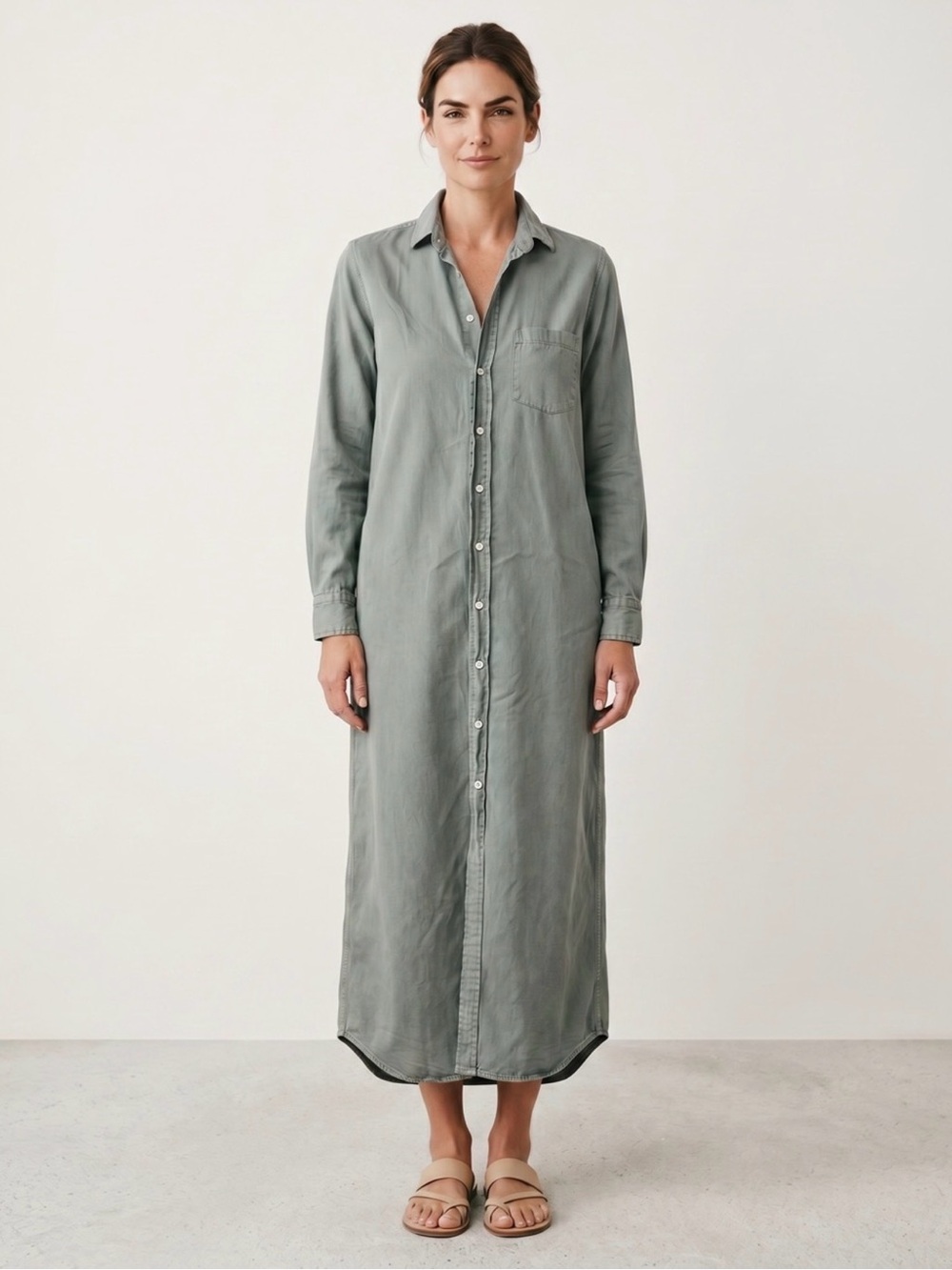 FRANK & EILEEN • Rory Maxi Shirt Dress Women’s Size L Button Front Distressed